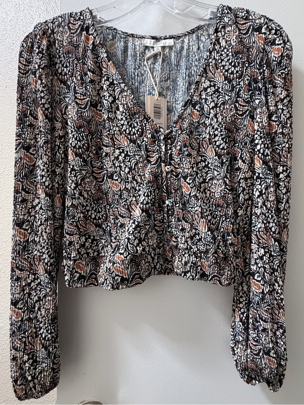 Z Supply Black and Rust Floral V-Neck Long Sleeve Cropped Top